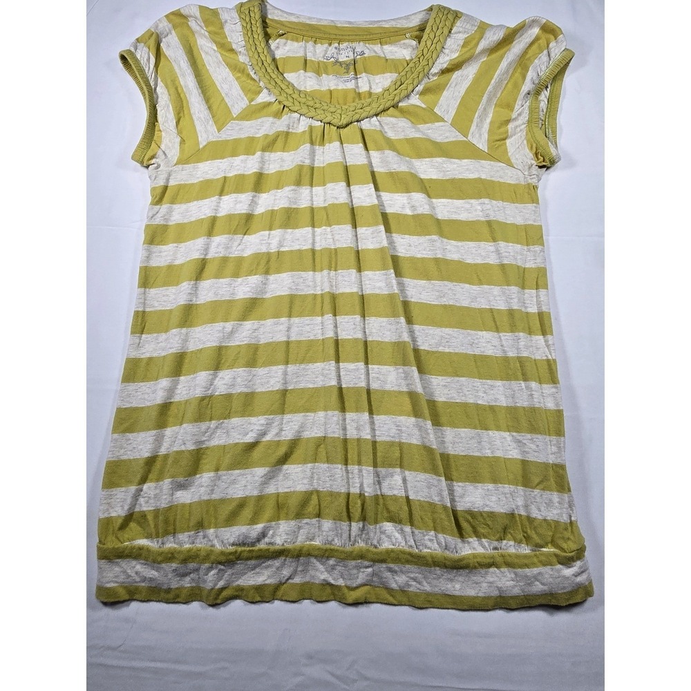 Sonoma Life Style Womens Medium Lime Green Gray Striped Braided Neck Top Shirt